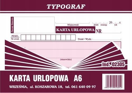 Karta urlopowa Typograf 02305 A6 80 kartek offset