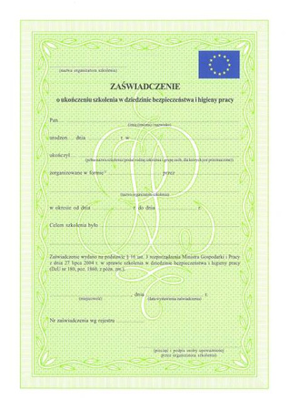 Zaświadczenie o ukończeniu szkolenia w dziedzinie BHP UE