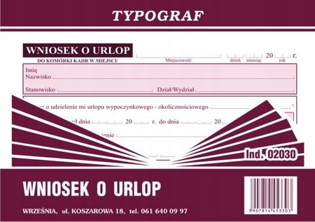 Wniosek o urlop Typograf 02030 A6 80 kartek