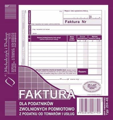 Faktura dla zwolnionych z podatku 204-4E 2/3A5 80