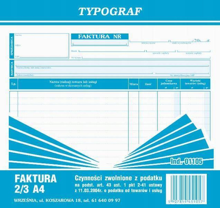 Faktura czynności zwoln. z podatku Typograf 01105