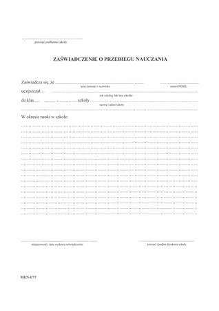 Zaświadczenie o przebiegu nauczania