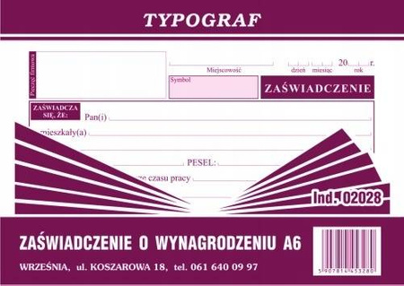 Zaświadczenie o wynagrodzeniu Typograf 02028 A6