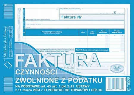 Faktura czynności zwolnione z podatku 198-3E A5 80
