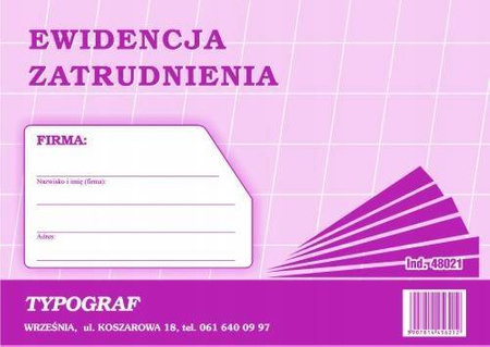 Ewidencja zatrudnienia Typograf 48021 A5 32 strony