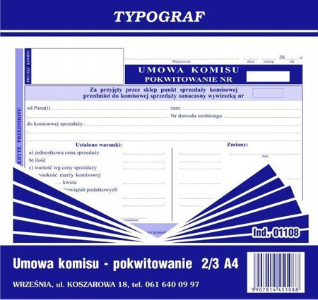 Umowa komisu-pokwitowanie Typograf 01108 2/3 A4 80