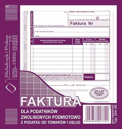 Faktura dla zwolnionych z podatku 204-4E 2/3A5 80
