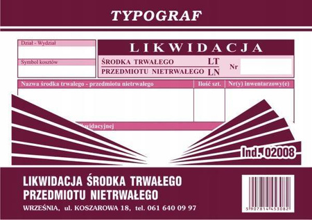 Likwidacja środka trwałego LT-LN Typograf 02008 A6