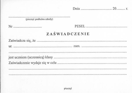 Zaświadczenie uczniowskie (potwierdzenie, że jest uczniem)