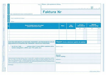 Faktura czynności zwolnione z podatku 198-3E A5 80