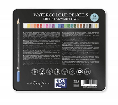 KREDKI OŁÓWKOWE OXFORD WATERCOLOUR 24 SZT METALOWE PUDEŁKO