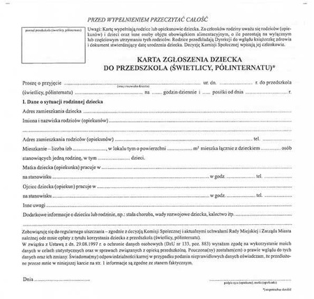 Karta zgłoszenia dziecka do przedszkola, świetlicy, półinternatu
