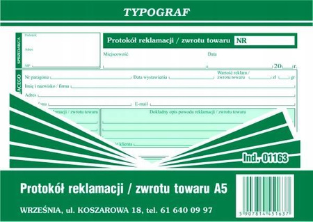 Protokół reklamacji/zwrotu towaru Typograf 01163 A