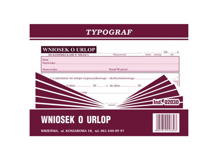Wniosek o urlop Typograf 02030 A6 80 kartek