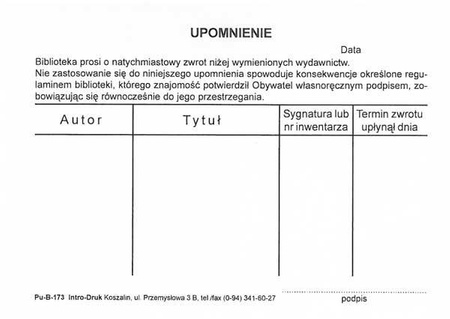 Upomnienie (karton) typograf