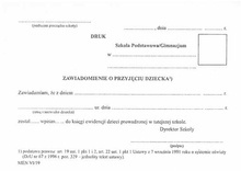 Zawiadomienie o przyjęciu dziecka (karton), wypełniają szkoły podstawowe przyjmujące uczniów zamieszkałych w obwodach innych szkół