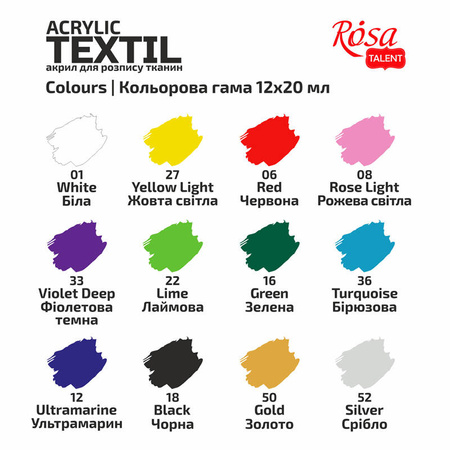 Rosa Talent farby do tkanin Heart 12 kolorów 20ml