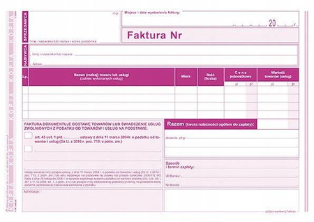 Faktura czynności zwolnione z podatku 198-3E A5 80