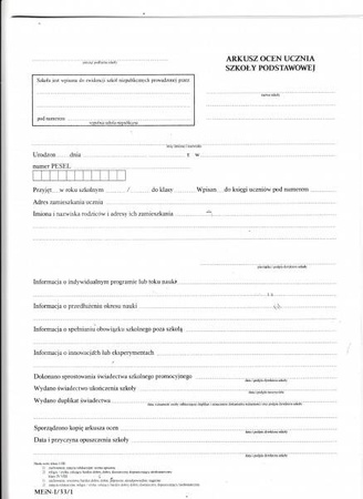 Arkusze ocen dla uczniów szkoły podstawowej dla dzieci i młodzieży