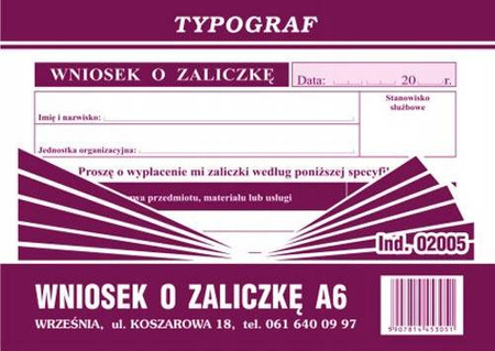Wniosek o zaliczkę Typograf 02005 A6 80 kartek