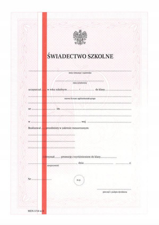 Świadectwa szkolne promocyjne LO wyróżnienie 100