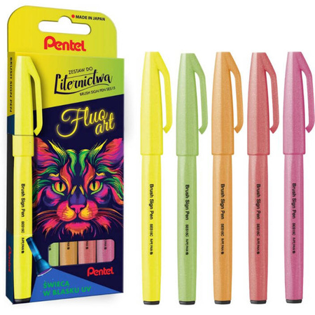 Pisaki Pentel Brush Sign Pen 5 sztuk Fluo Art