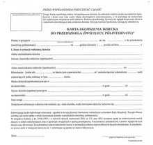 Karta zgłoszenia dziecka do przedszkola, świetlicy, półinternatu