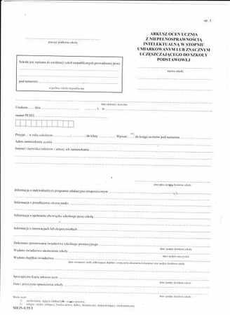 Arkusze ocen dla uczniów z niepełnosprawnością.
