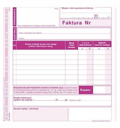 Faktura dla zwolnionych z podatku 204-4E 2/3A5 80