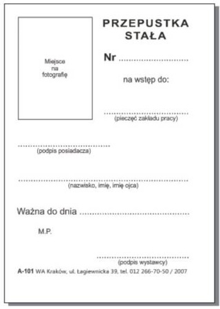 Przepustka stała 100 sztuk