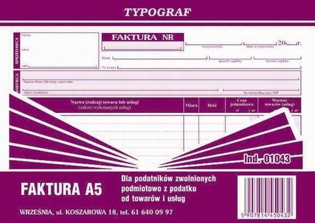 Faktura dla podatników zwoln z pod. Typograf 01043